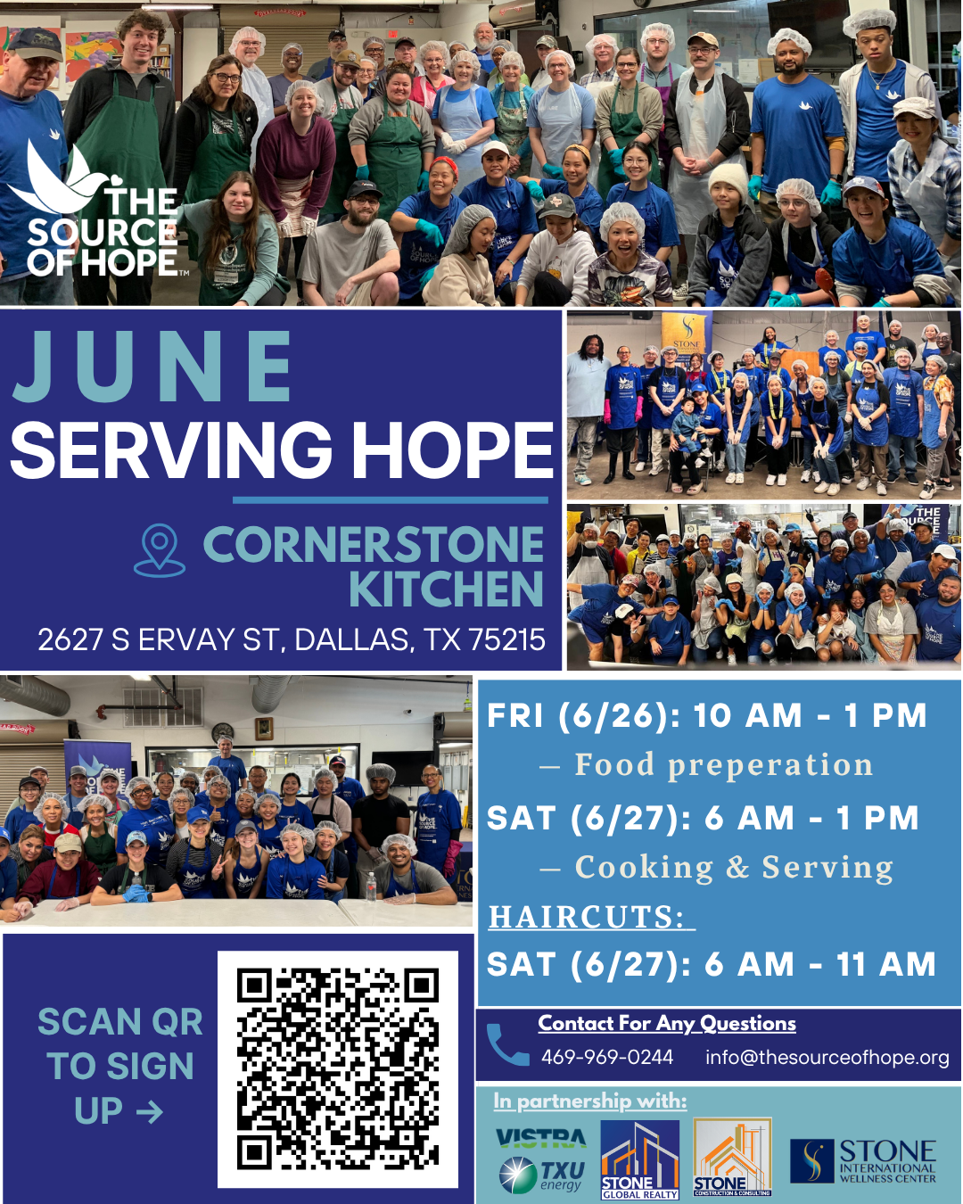 “June Serving Hope” event flyer for The Source of Hope featuring volunteers preparing food and group photo, with details for Cornerstone Kitchen in Dallas, TX, service dates and times, and QR code for donations or volunteer sign-up.
