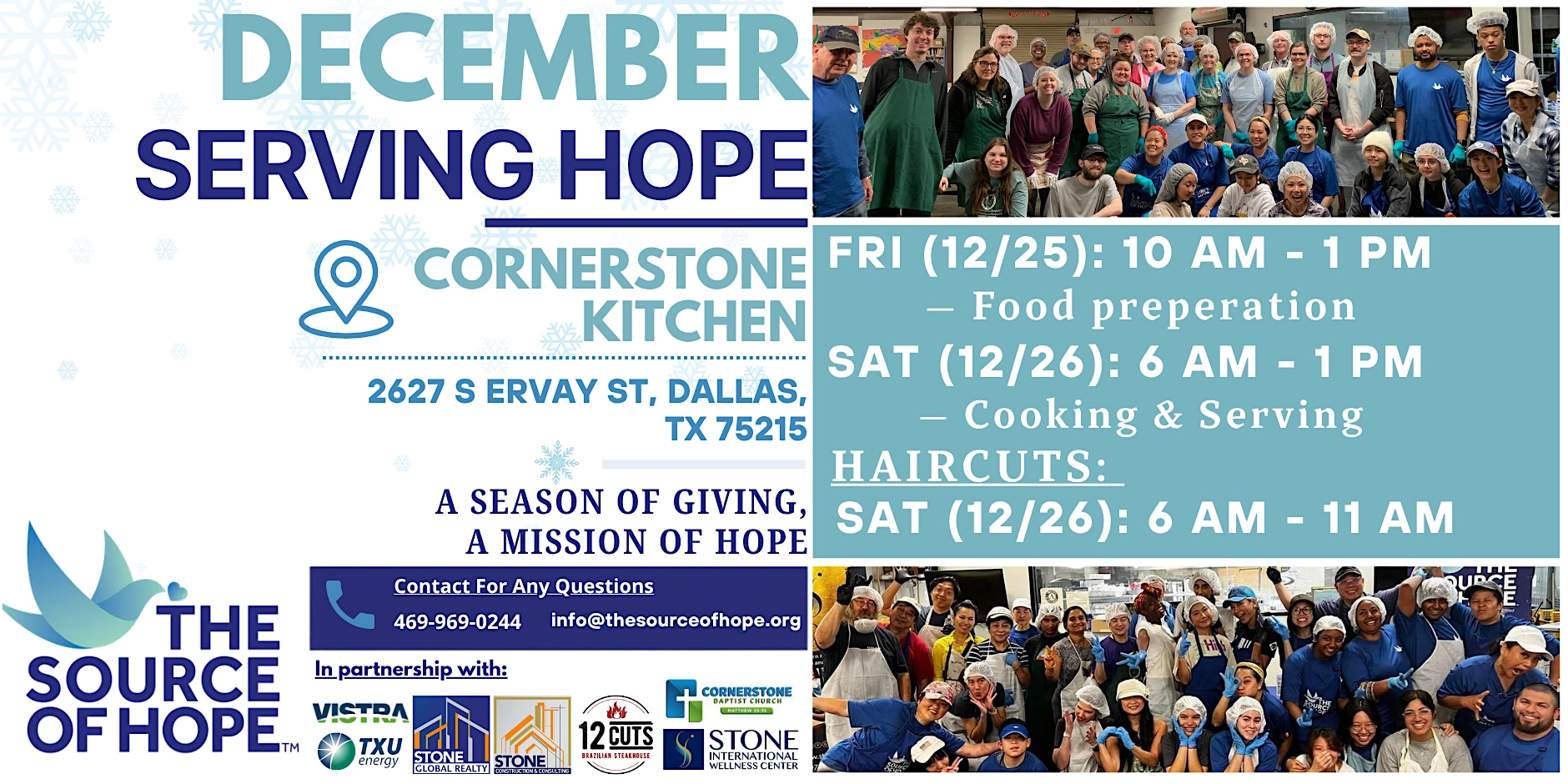 "December Serving Hope” event flyer for The Source of Hope featuring volunteers preparing food and group photo, with details for Cornerstone Kitchen in Dallas, TX, service dates and times, and QR code for donations or volunteer sign-up.