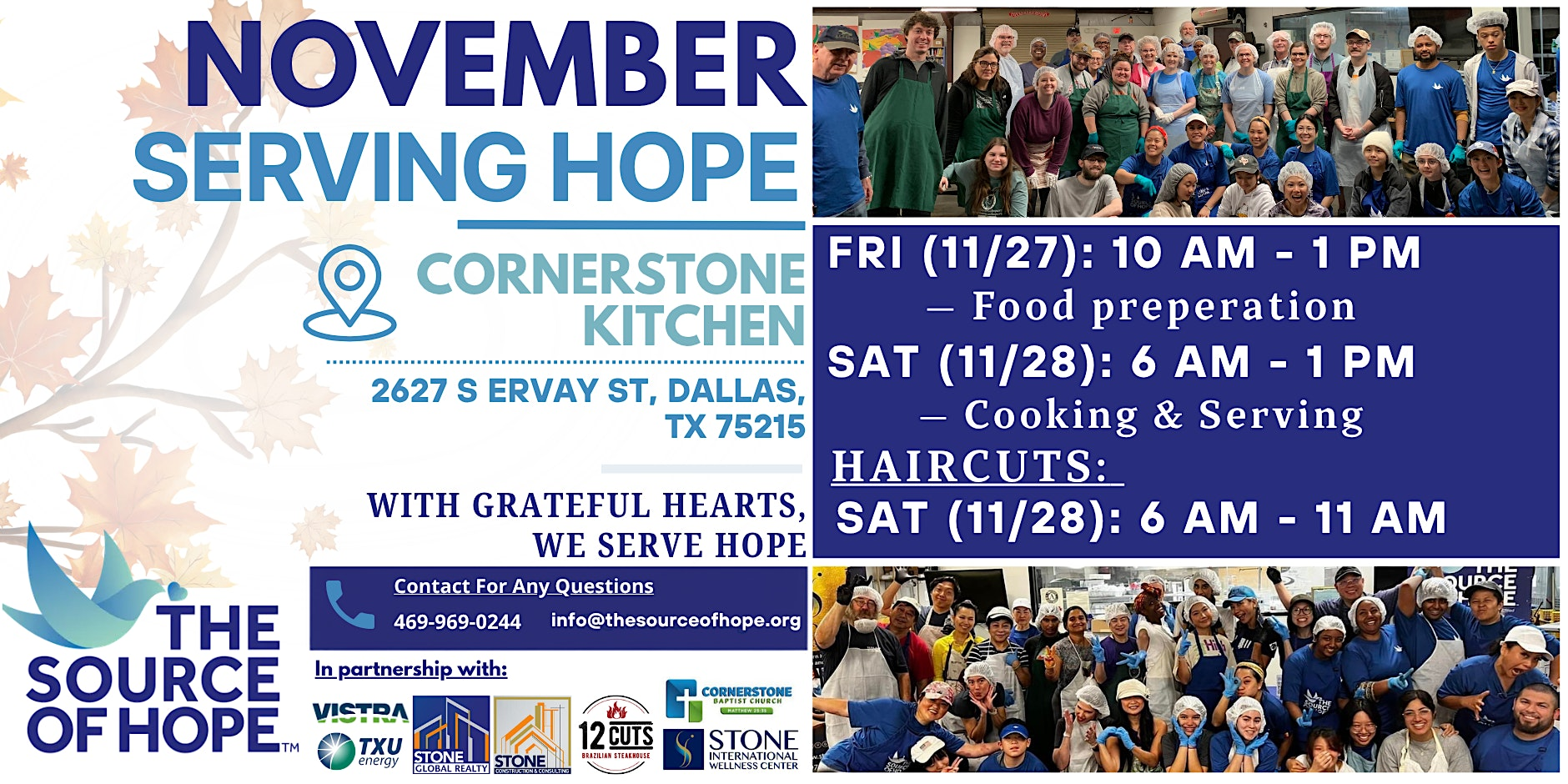 “November Serving Hope” event flyer for The Source of Hope featuring volunteers preparing food and group photo, with details for Cornerstone Kitchen in Dallas, TX, service dates and times, and QR code for donations or volunteer sign-up.