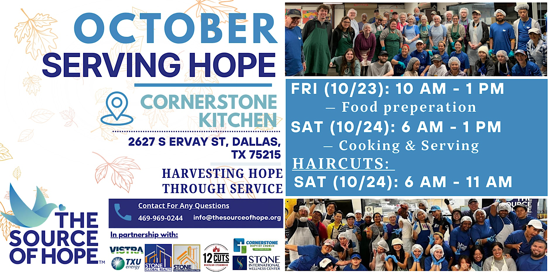 “October Serving Hope” event flyer for The Source of Hope featuring volunteers preparing food and group photo, with details for Cornerstone Kitchen in Dallas, TX, service dates and times, and QR code for donations or volunteer sign-up.