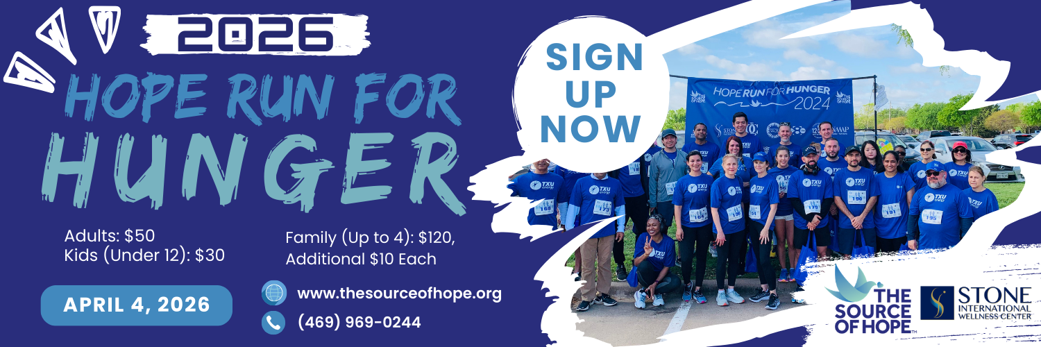 “Hope Run for Hunger 2026” event flyer with blue background, group photo of participants, pricing details (Adults $50, Kids $30, Family $120), date April 4, 2026, and sign-up information for The Source of Hope.