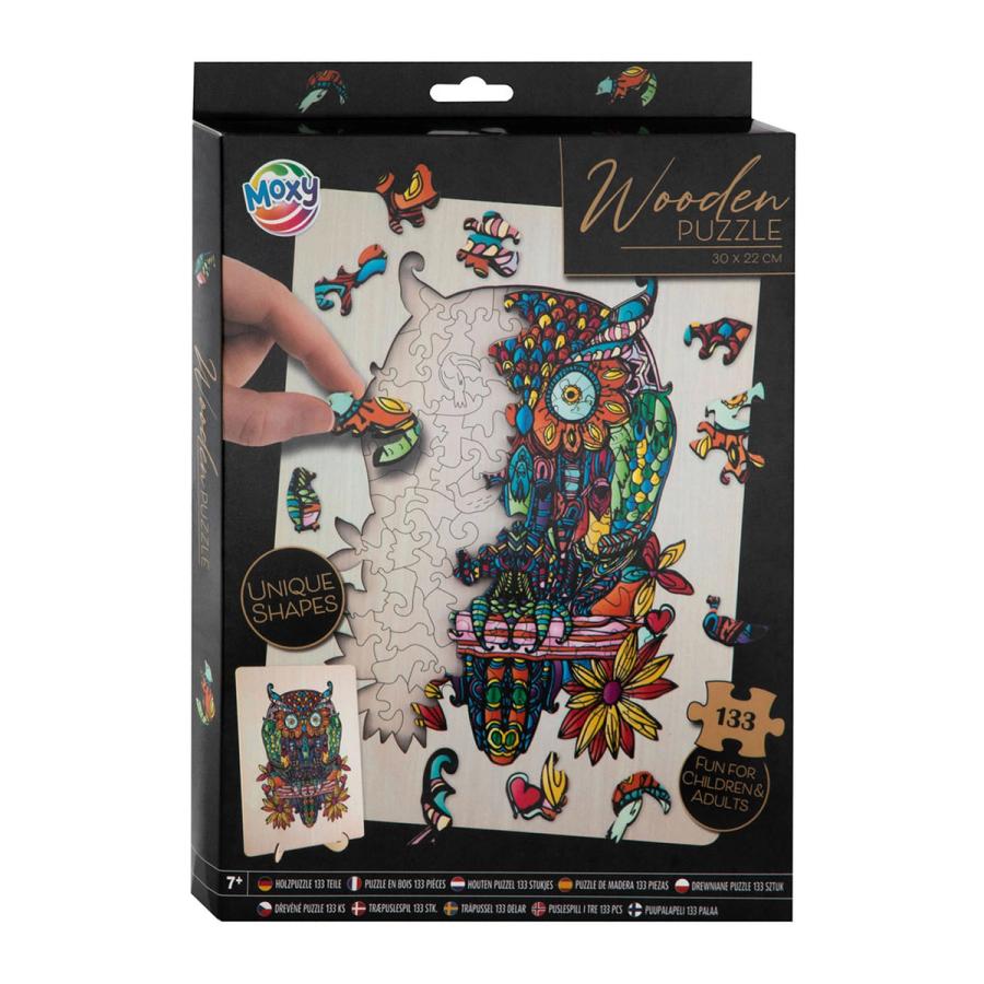Houten puzzel met unieke vormen – Uil, 133 stukjes