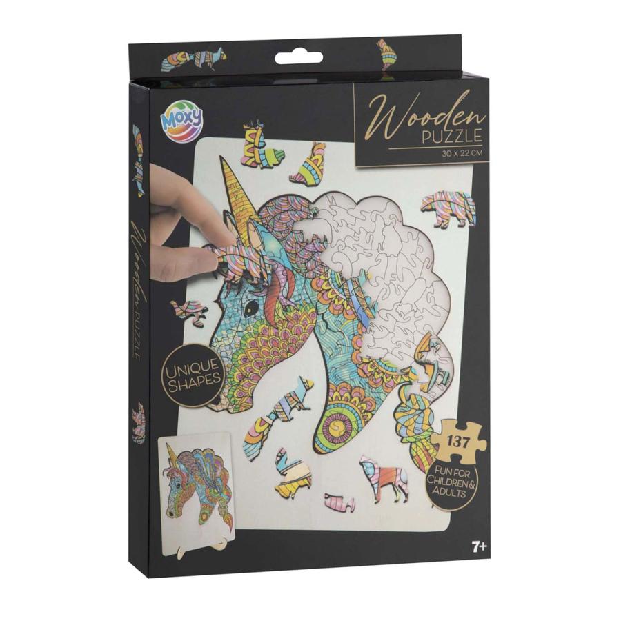 Houten puzzel met unieke vormen – Eenhoorn, 137 stukjes