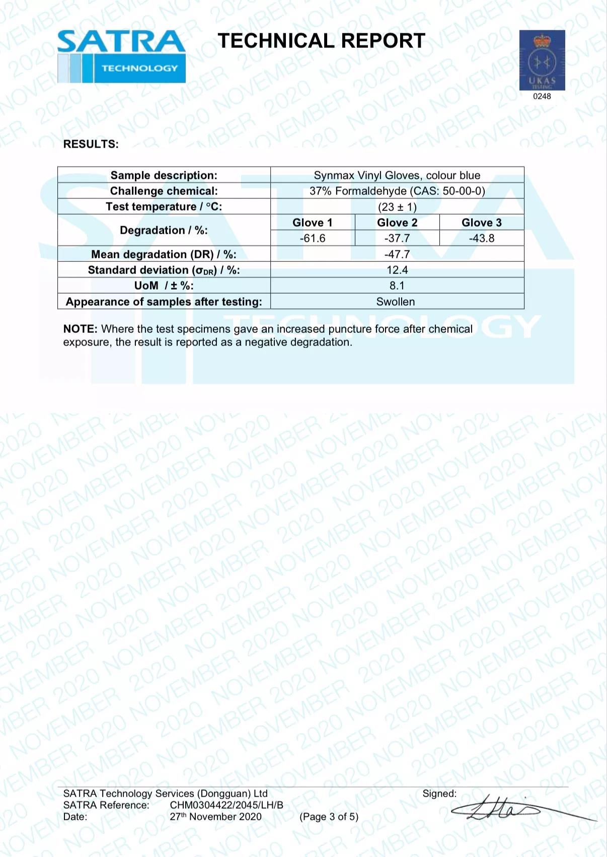 منطقة أوروبا - Synmax - السلامة المهنية - مصنع آنهوي - EN 374-4: اختبار تحلل الفورمالديهايد بنسبة 37% - أزرق - 30 نوفمبر 2020 (2)