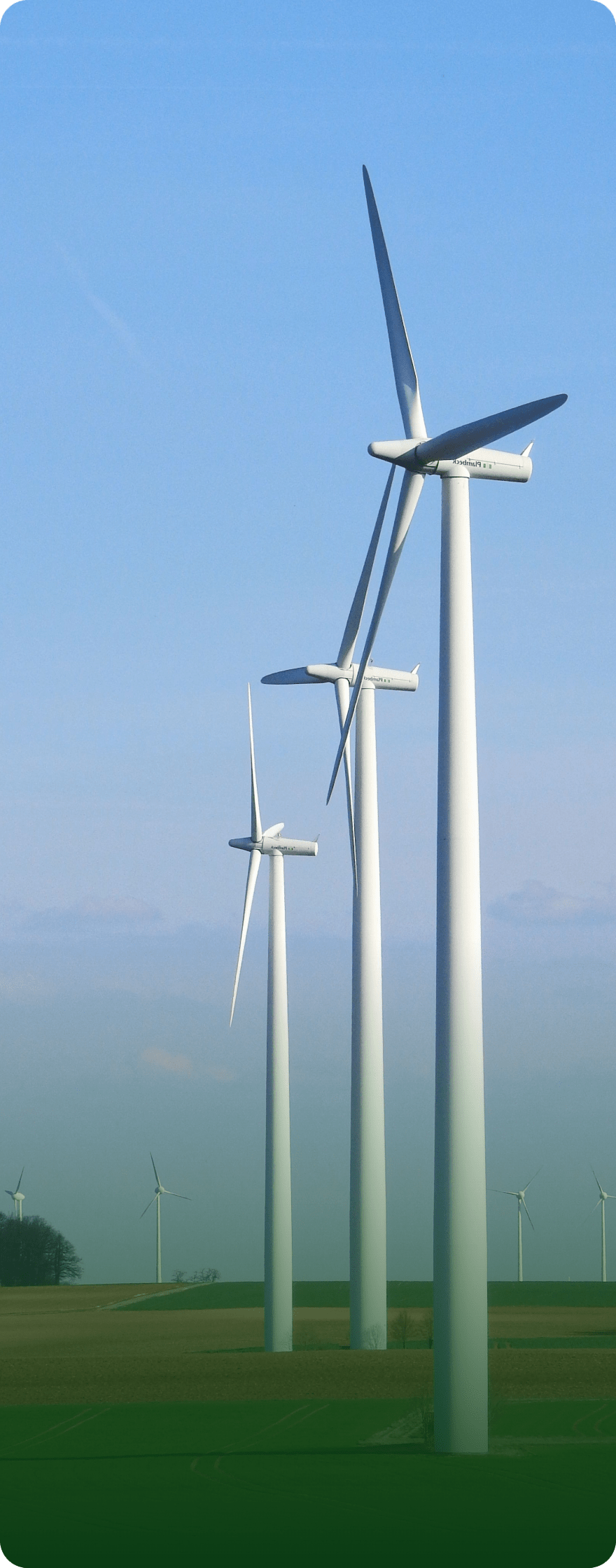Windkraftanlagen drehen sich auf einer grünen Wiese