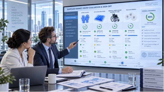 Reviewing medical device supplier market-entry evaluation screen
