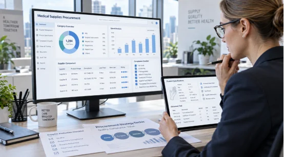 Beschaffungsmanager überprüft Daten zu medizinischen Hilfsgütern auf Monitor und Tablet