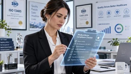Auditor reviewing medical device compliance checklist on digital clipboard