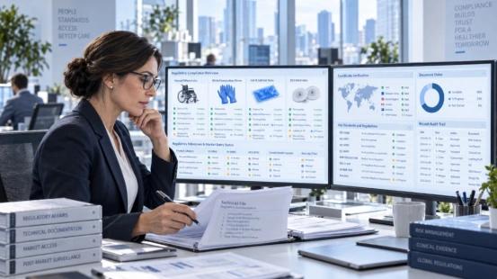 Reviewing medical device compliance files on dual monitors