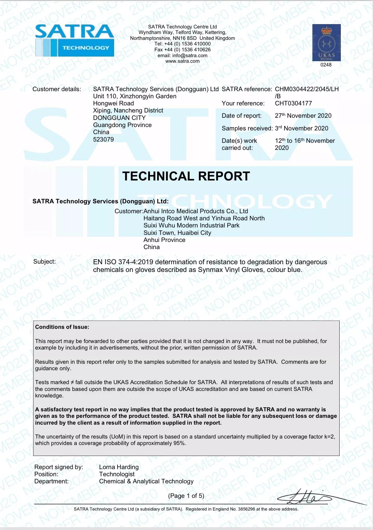 منطقة أوروبا - Synmax - السلامة المهنية - مصنع Anhui - EN 374-4: اختبار تحلل الفورمالديهايد بنسبة 37% - أزرق - 30 نوفمبر 2020