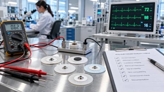 ECG electrode quality testing setup with multimeter and monitor