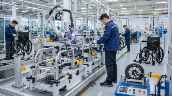 Ligne de soudage robotisée et d'assemblage en usine pour fauteuils roulants