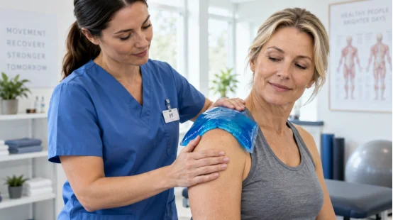 Physiotherapeut trägt eine blaue Gel-Kühlpackung auf die Schulter des Patienten auf