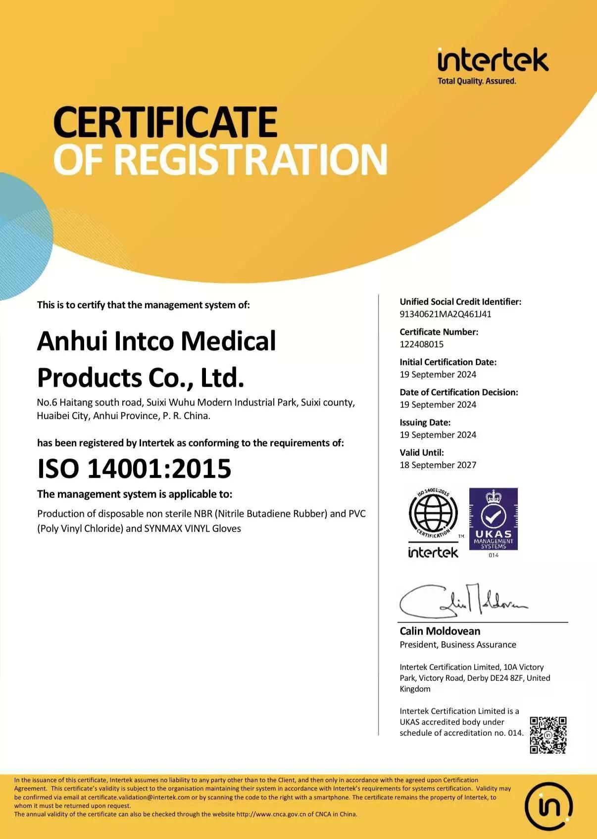 منطقة أمريكا الشمالية – القفازات – ISO 14001 – مصنع أنهوي – شهادة النظام – شركة Anhui INTCO Medical Supplies Co., Ltd. شهادة ISO 14001