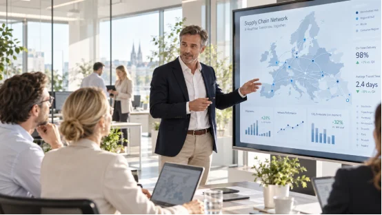 Manager stellt dem Team das europäische Lieferkettennetzwerk vor