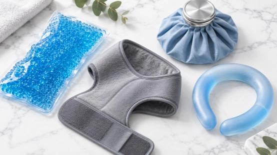 Assorted cold therapy packs, ice bag, and cooling neck ring