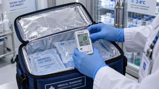 Überprüfung des Temperaturdatenloggers und der medizinischen Gelpackungen im Kühlkettenbeutel