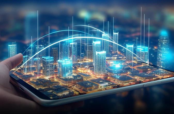 スマートシティのグラフィックが表示された携帯電話を持つ手