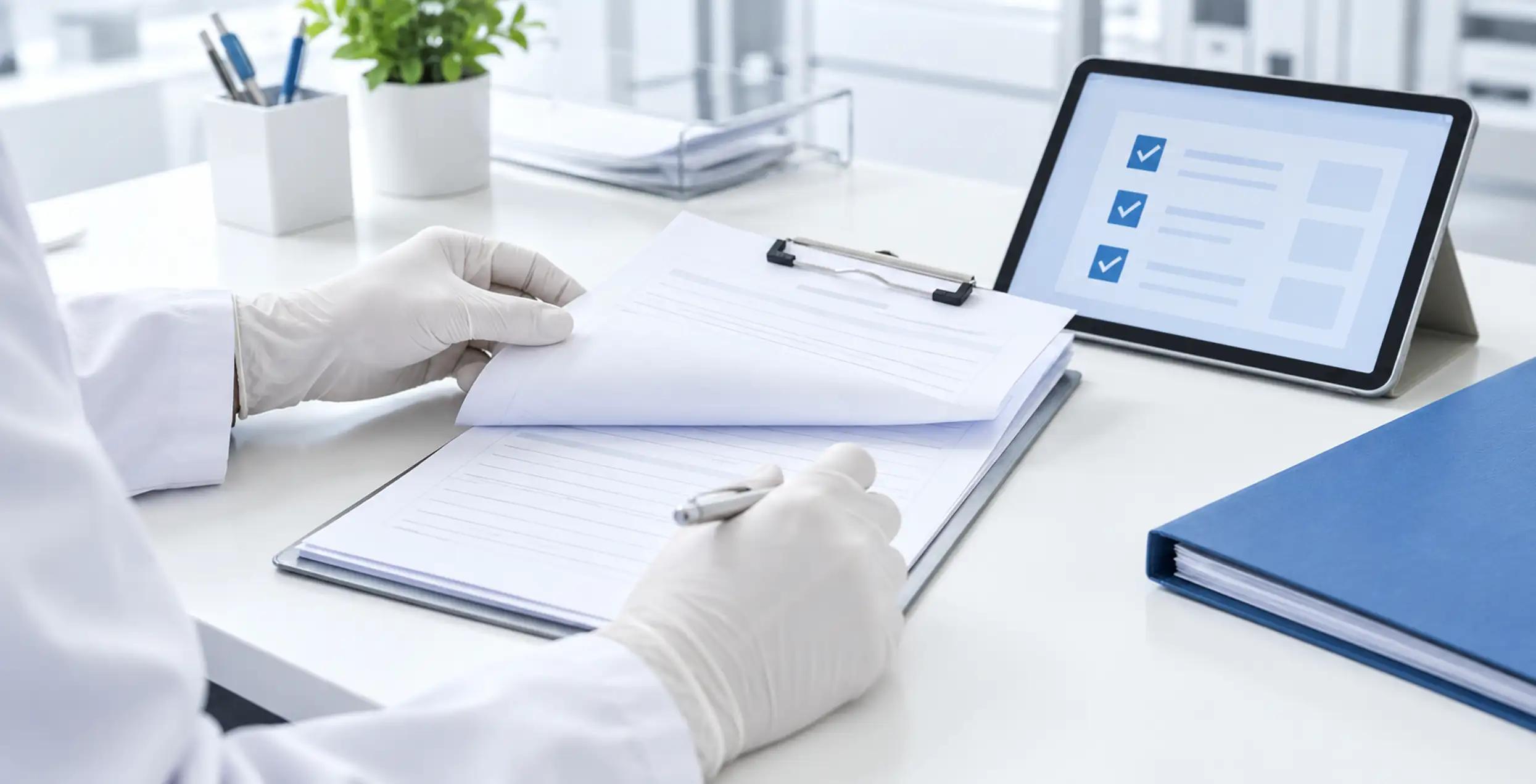 Qualitätssicherungsspezialist überprüft Compliance-Dokumente für Medizinprodukte sowie eine Checkliste für die digitale Verifizierung.