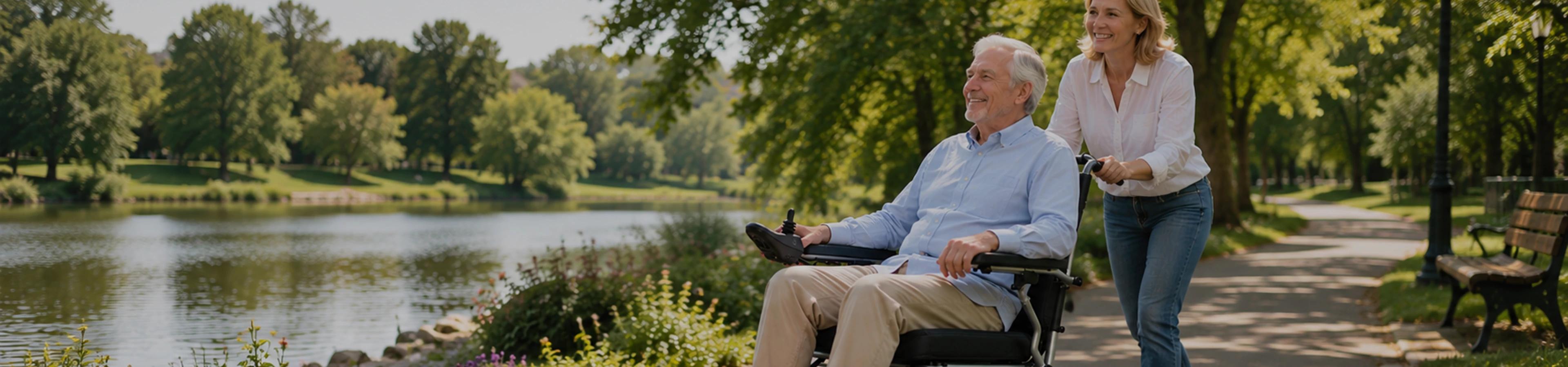 Elderly couple with a wheelchair beside a river