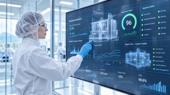 Reinraumtechniker überwacht das KI-Dashboard für die vorausschauende Wartung