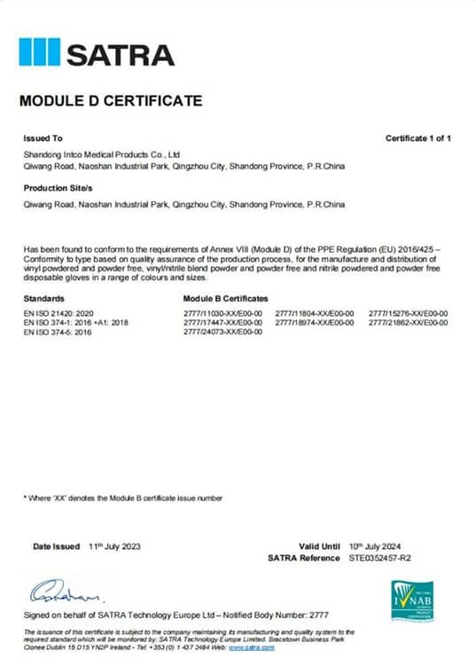 SATRA-Modul-D-Zertifikat für Shandong Intco Medical Products