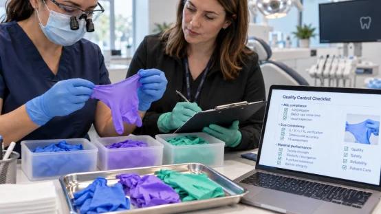 Das zahnärztliche Team überprüft die Handschuhqualität von PPE mit einer digitalen Checkliste