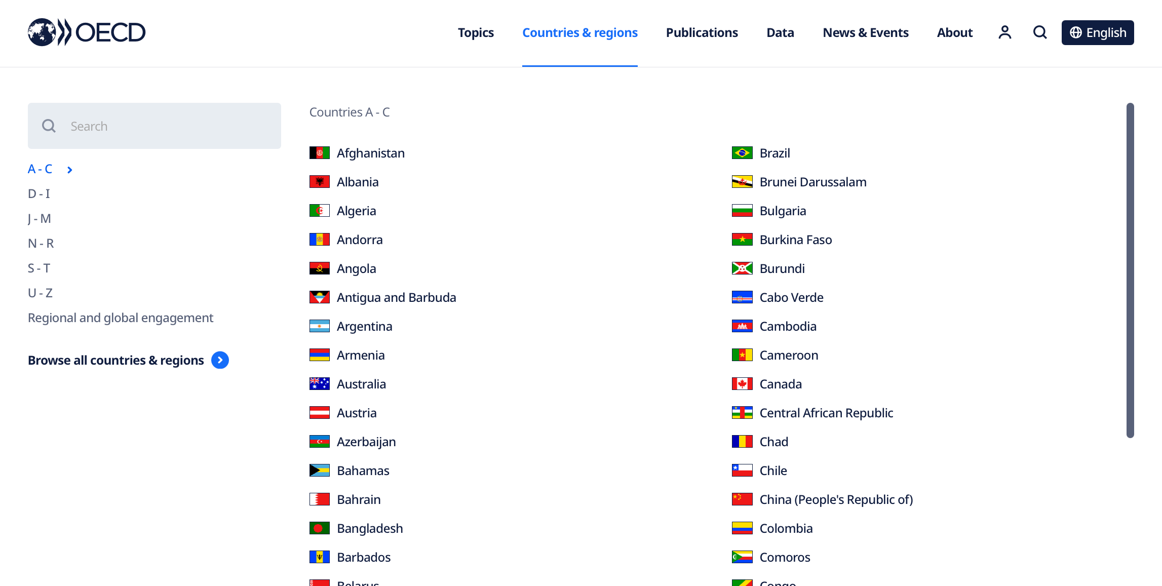 Screenshot of the oecd.org country & region navigation