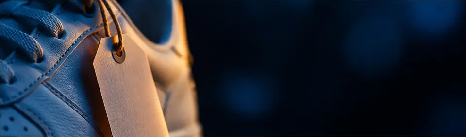 Close-up of a blank paper price tag hanging from a white sneaker, lit by warm light against a dark background.
