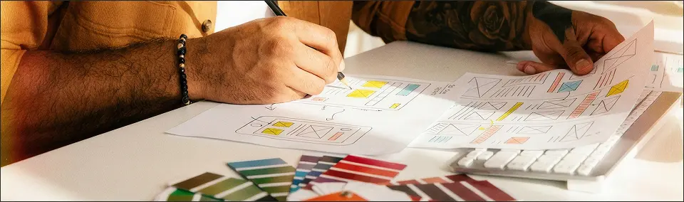 Zbliżenie na dłonie rysujące ołówkiem wireframe'y interfejsu na papierze, obok kartka z kolejnym szkicem, klawiatura i próbniki kolorów na białym blacie.