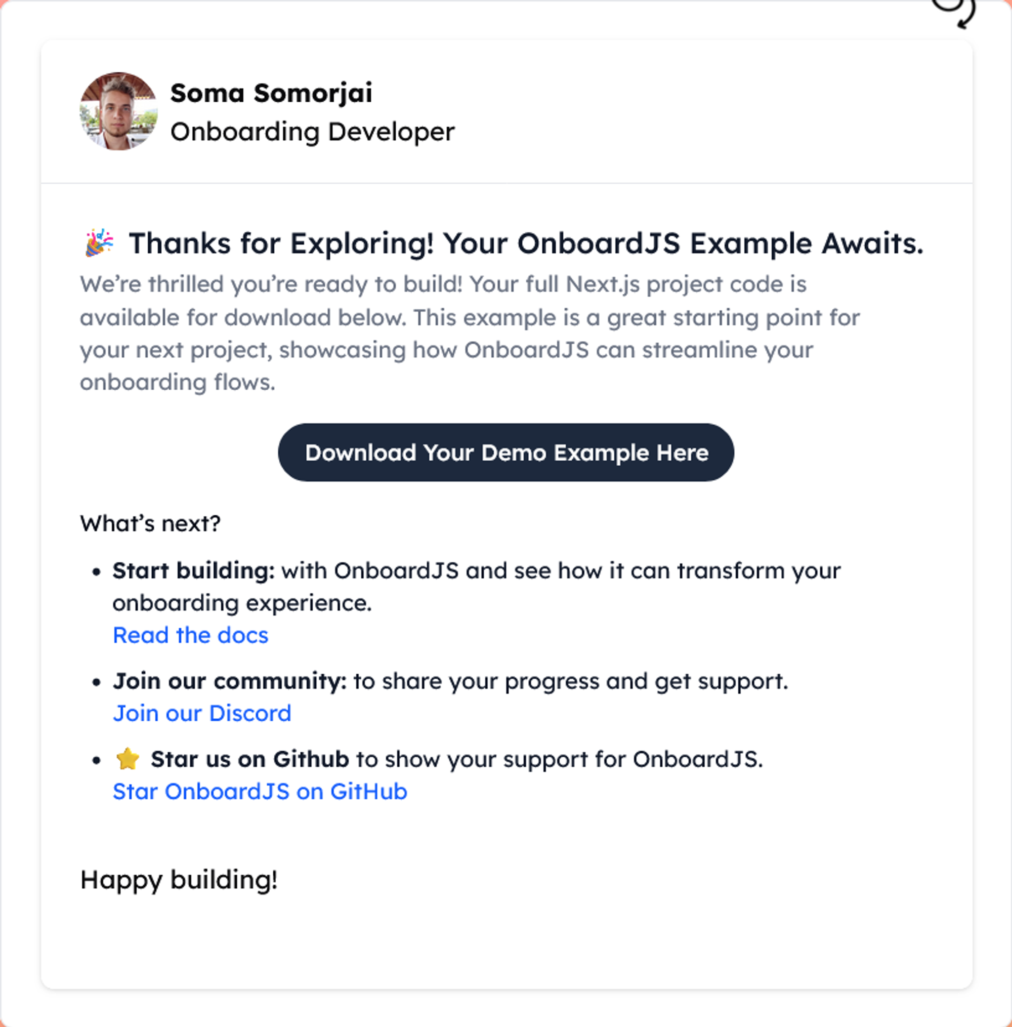 A screenshot of the new end step in the onboarding flow with the direct download button.
