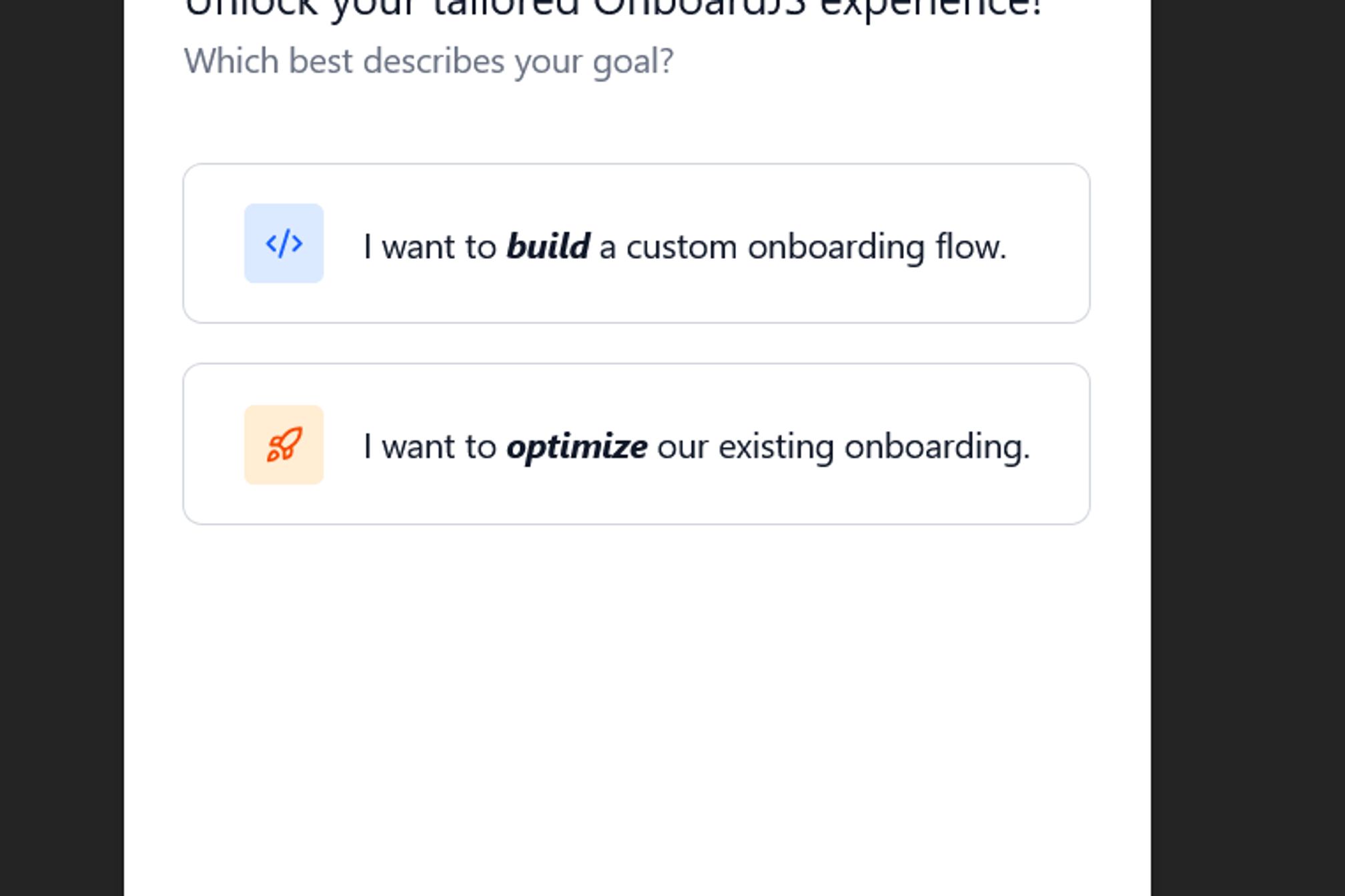 OnboardJS + React built Onboarding flow first step screenshot