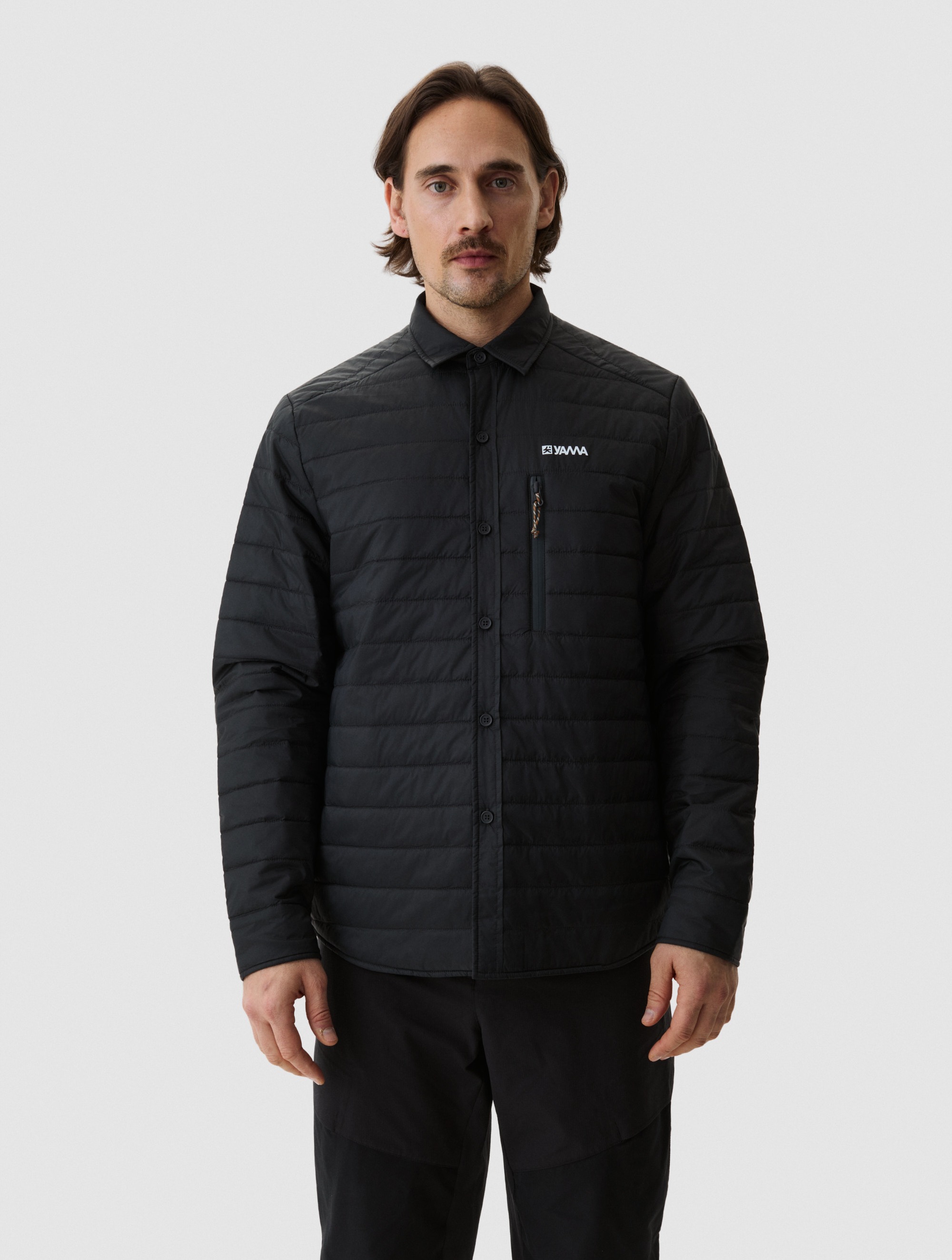 Model wearing Yama Ember Puffer Shirt Anthracite