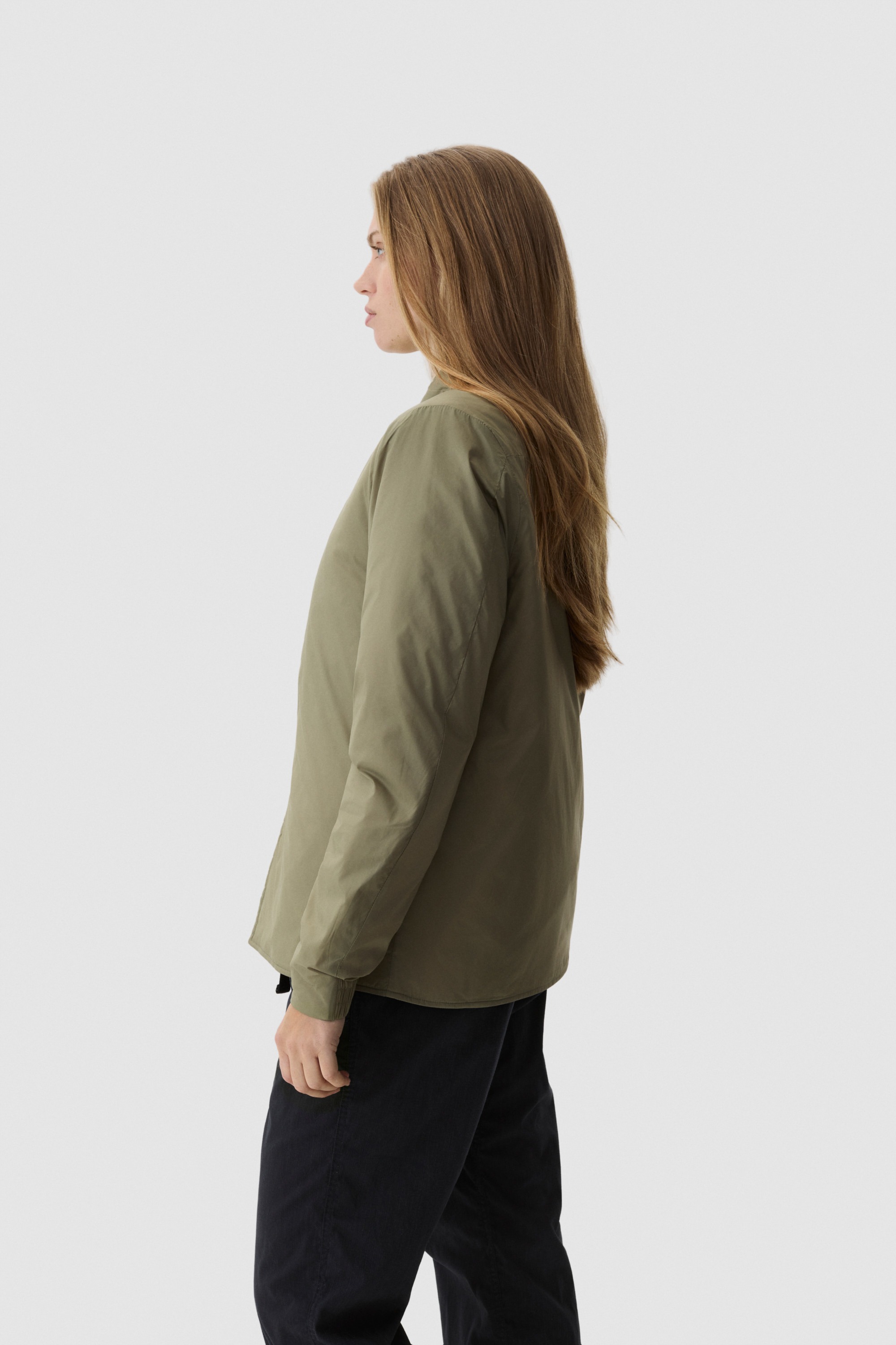 Model wearing Yama Gradient Tech Shirt Moss Green