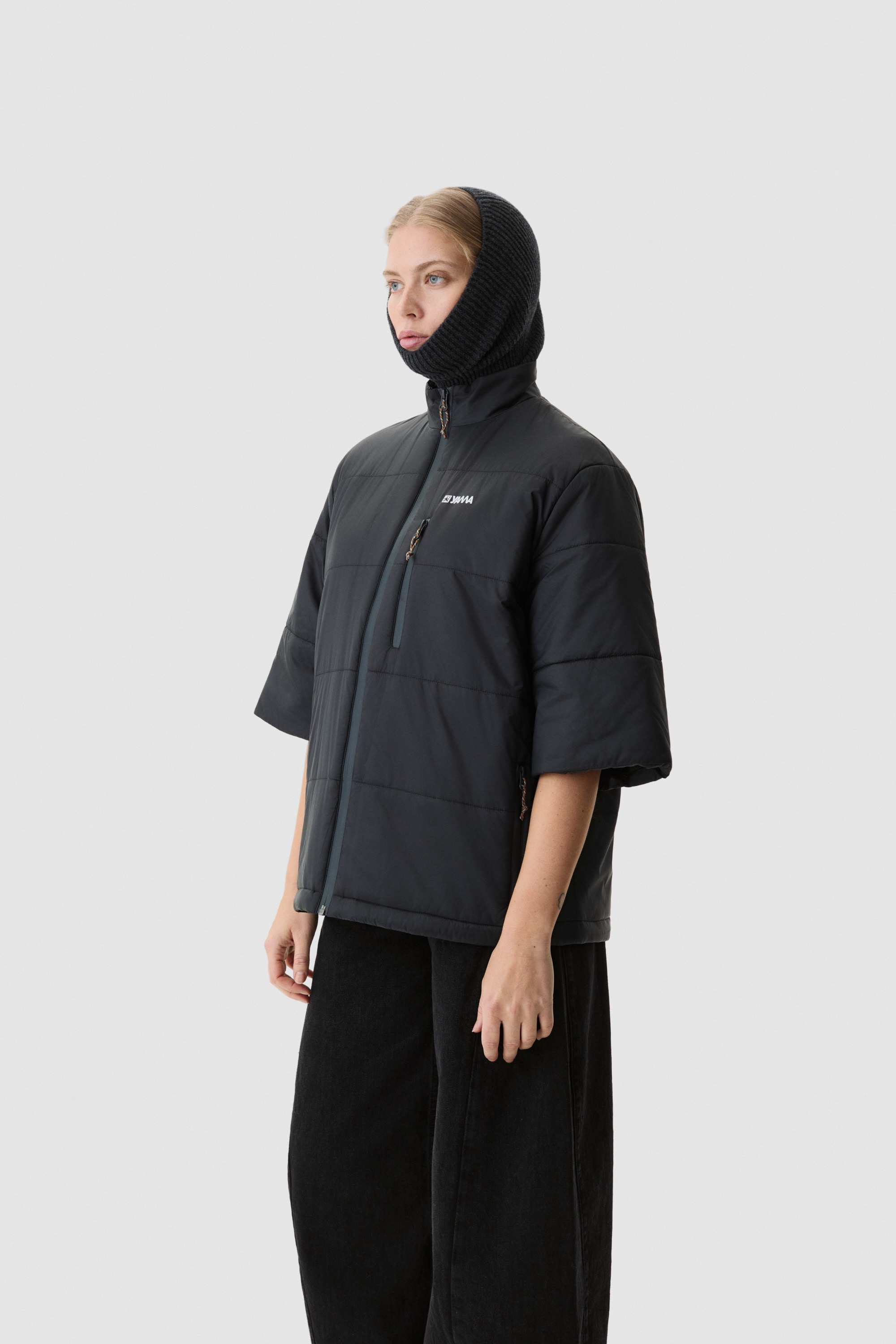 Model wearing Yama Strata Puffer Jacket Anthracite