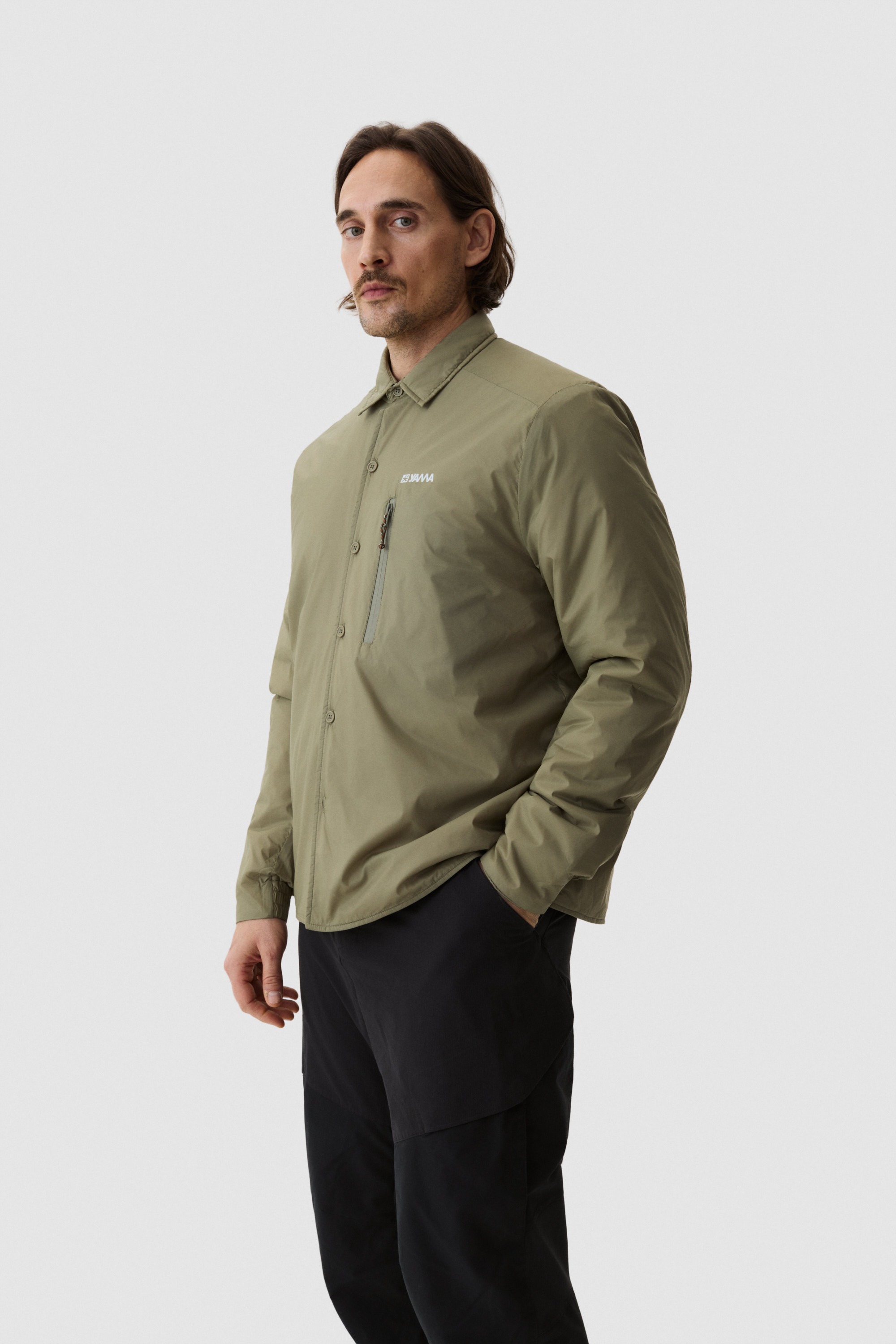 Model wearing Yama Gradient Tech Shirt Moss Green