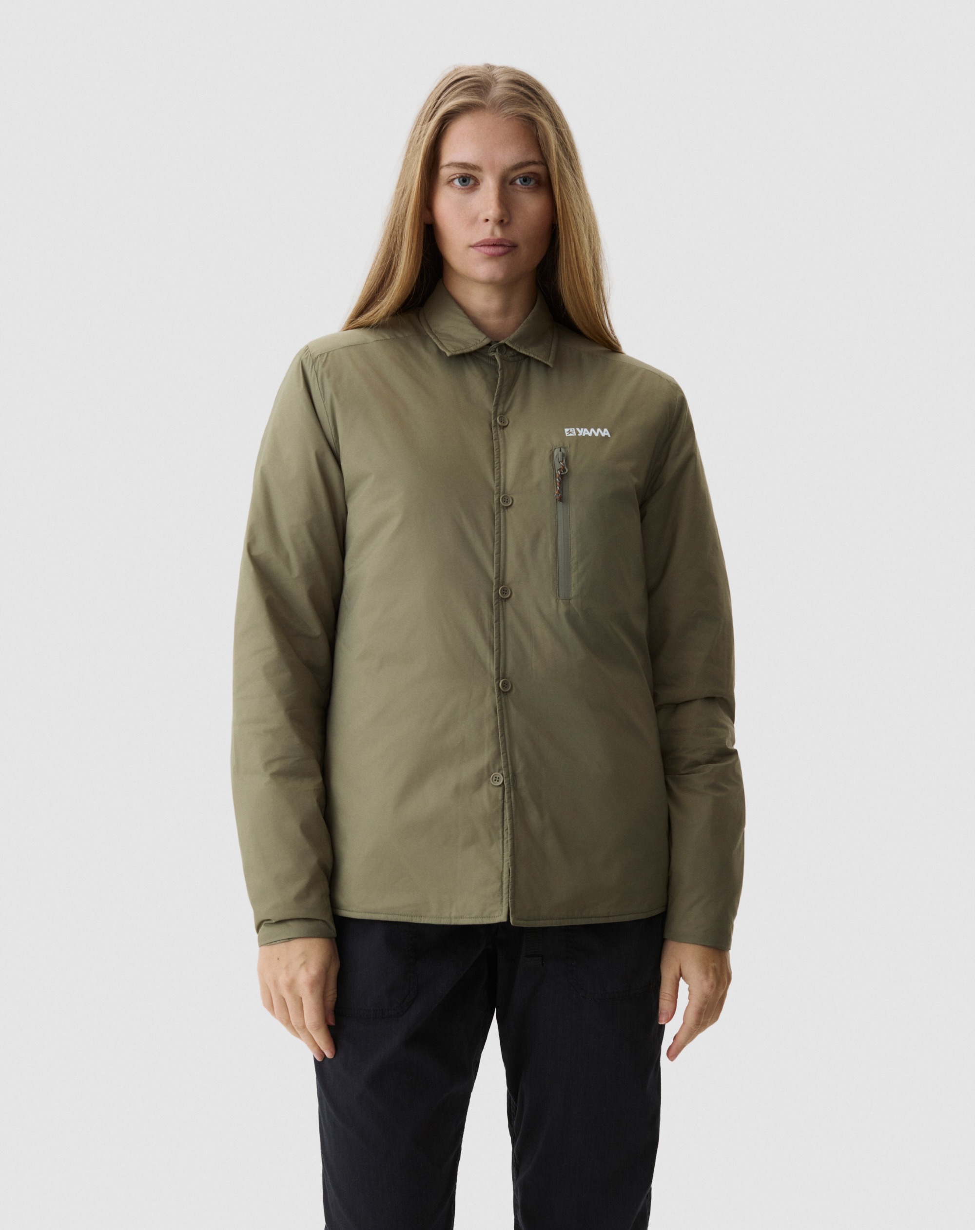 Model wearing Yama Gradient Tech Shirt Moss Green