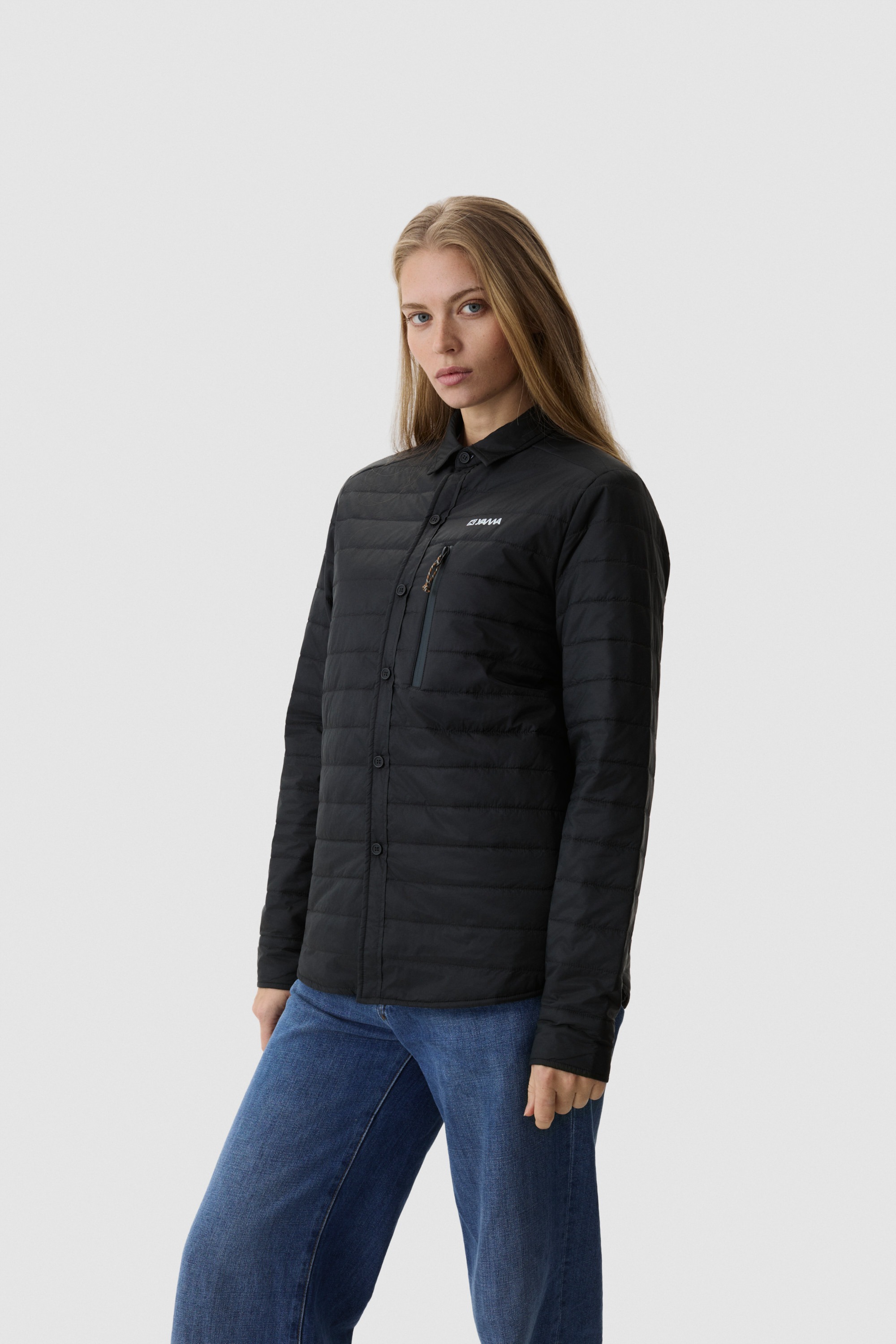 Model wearing Yama Ember Puffer Shirt Anthracite