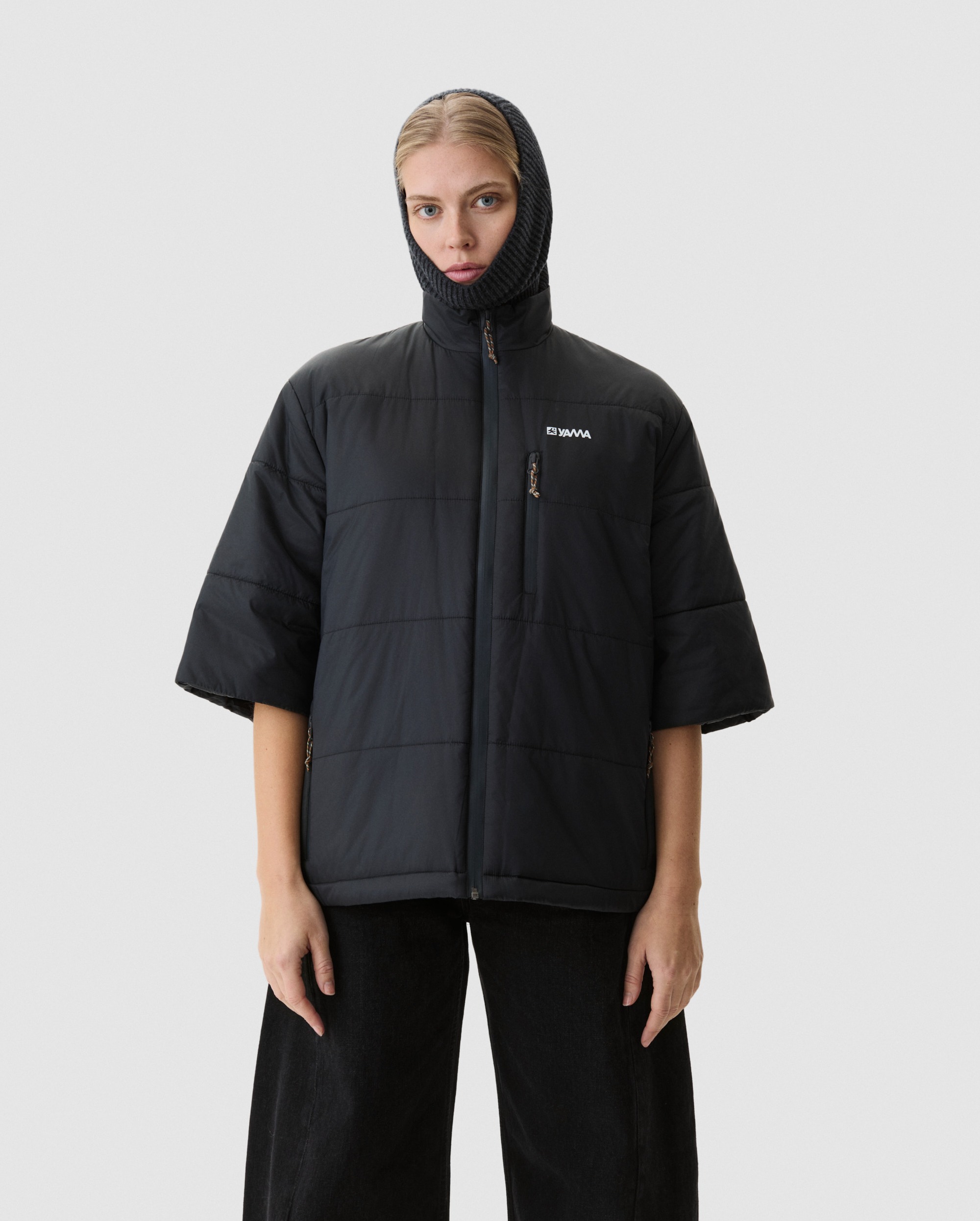 Model wearing Yama Strata Puffer Jacket Anthracite