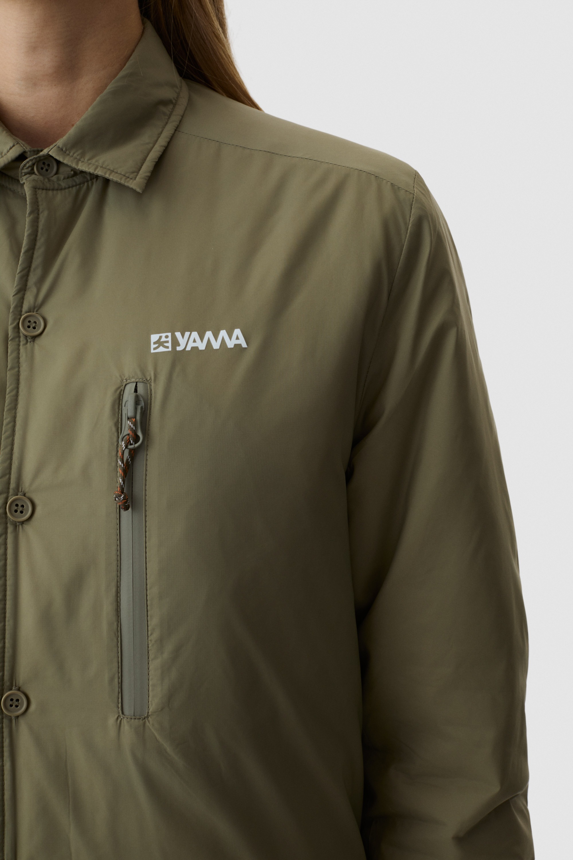 Model wearing Yama Gradient Tech Shirt Moss Green