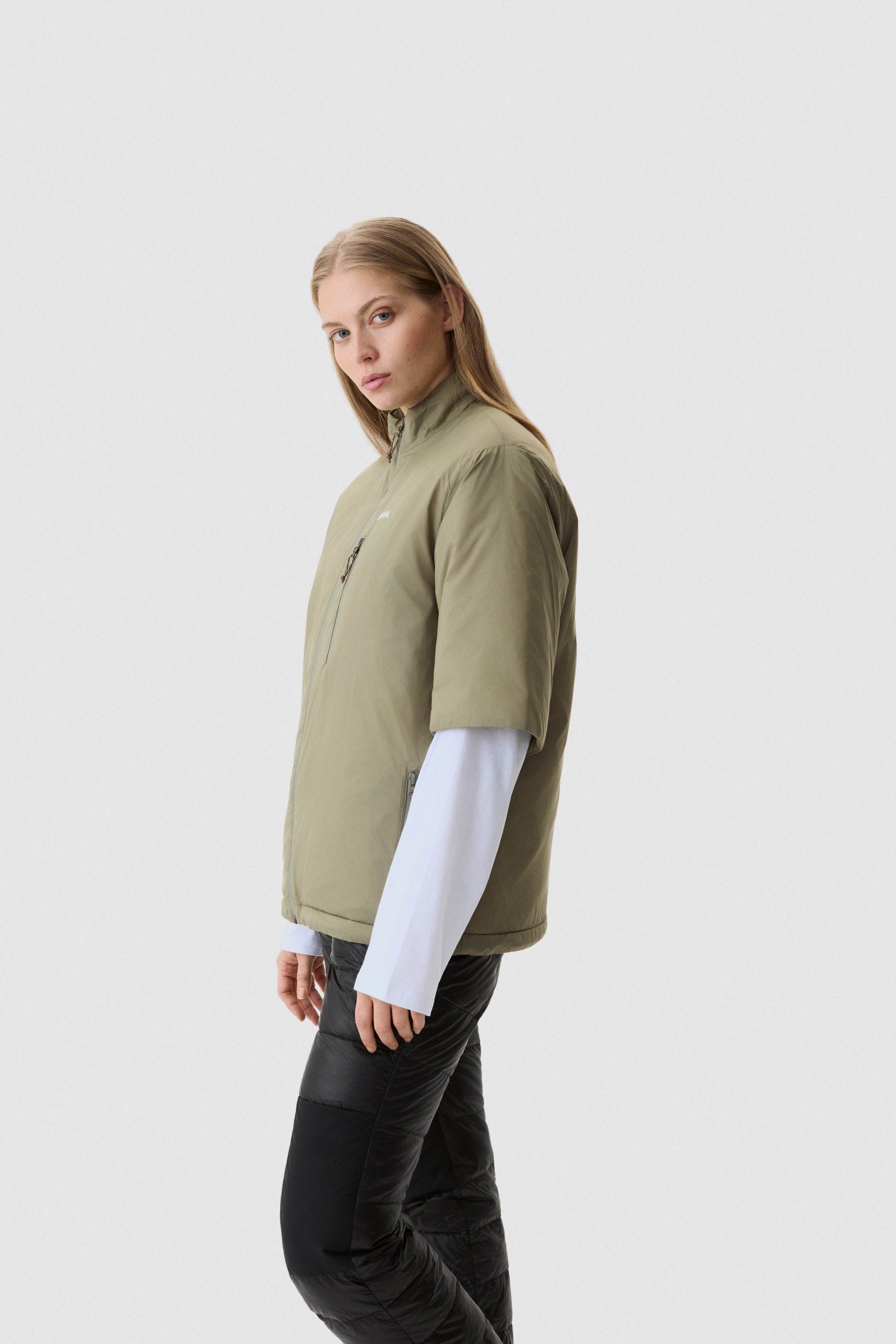 Model wearing Yama Strata Plain Jacket Moss Green