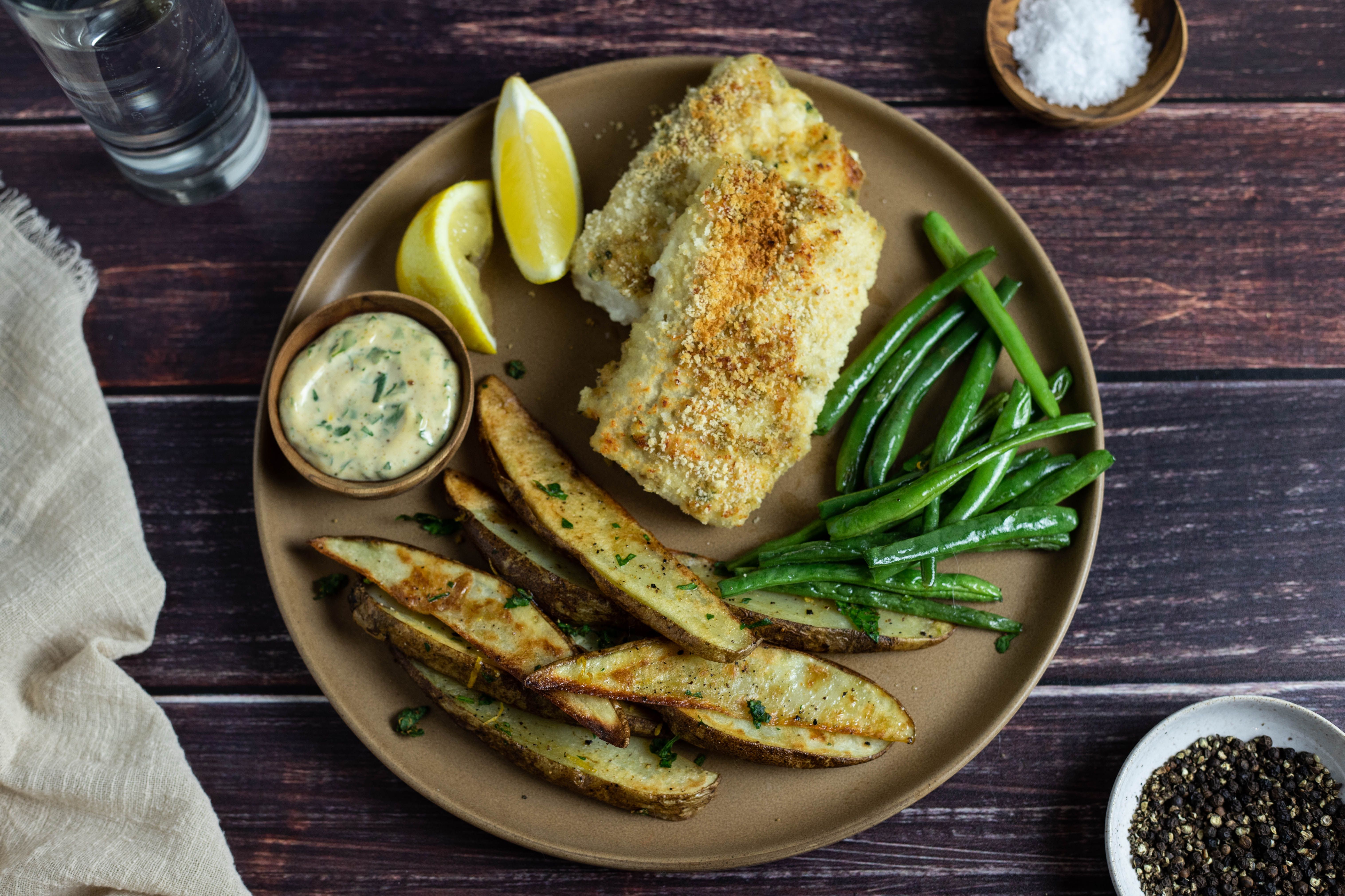 Oven-Fried Fish and Chips with Roasted Green Beans and Dijon Remoulade-image