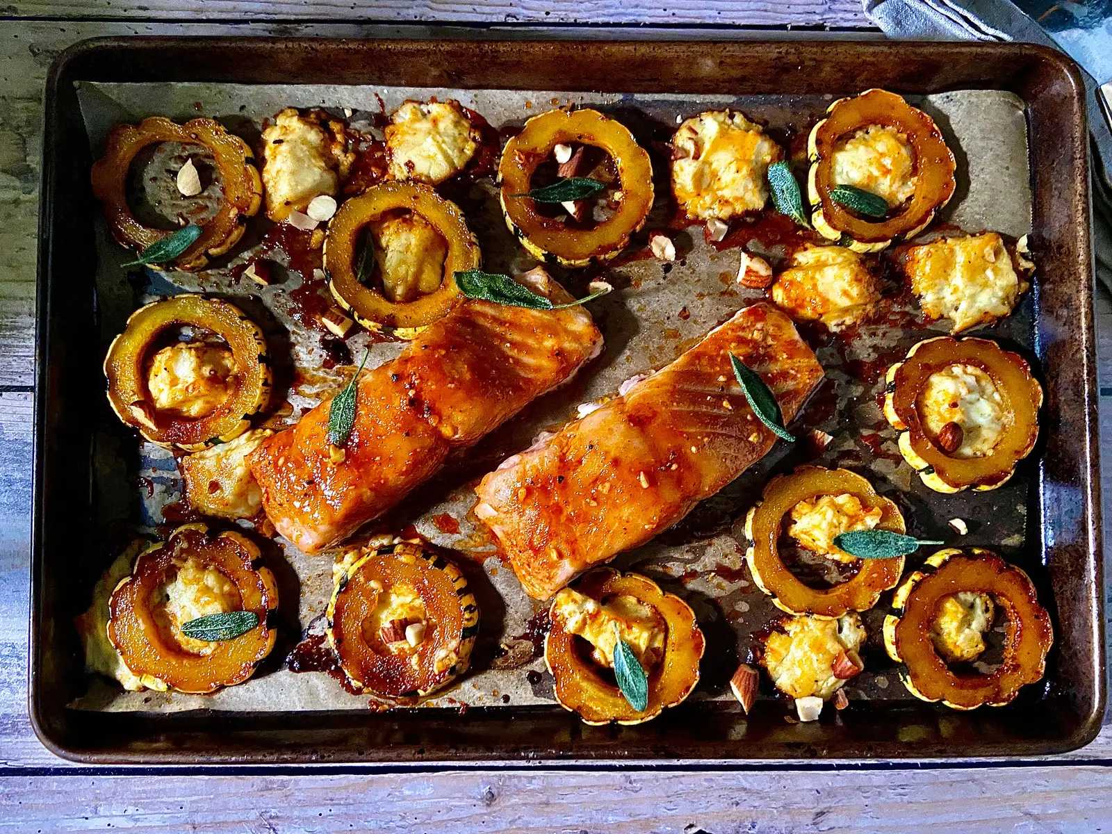 Honey Roasted Salmon with Delicata Squash and Feta recipe by Grace Parisi