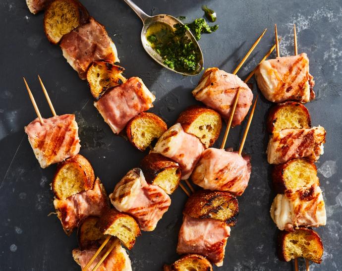 Prosciutto-Wrapped Halibut Skewers 