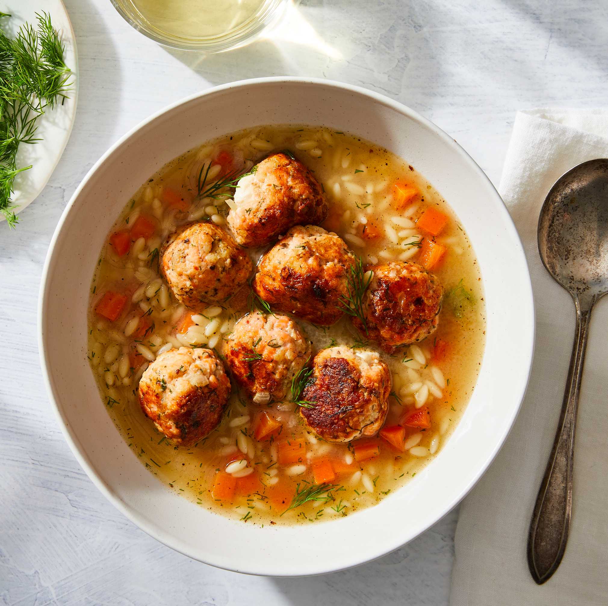 Lemony Orzo Soup with Seafood Meatballs