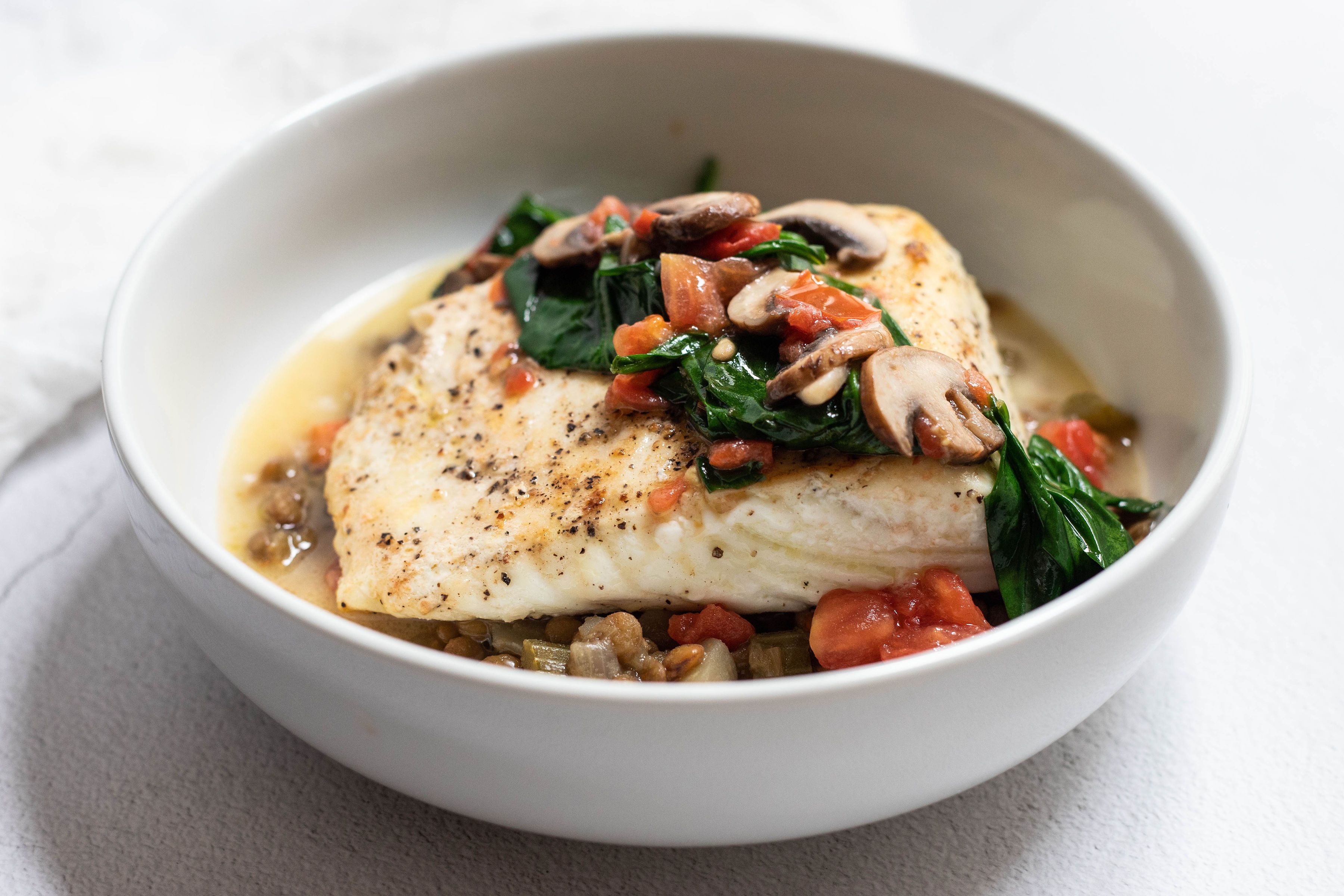 Halibut with Braised Lentils and Lemon Butter Sauce