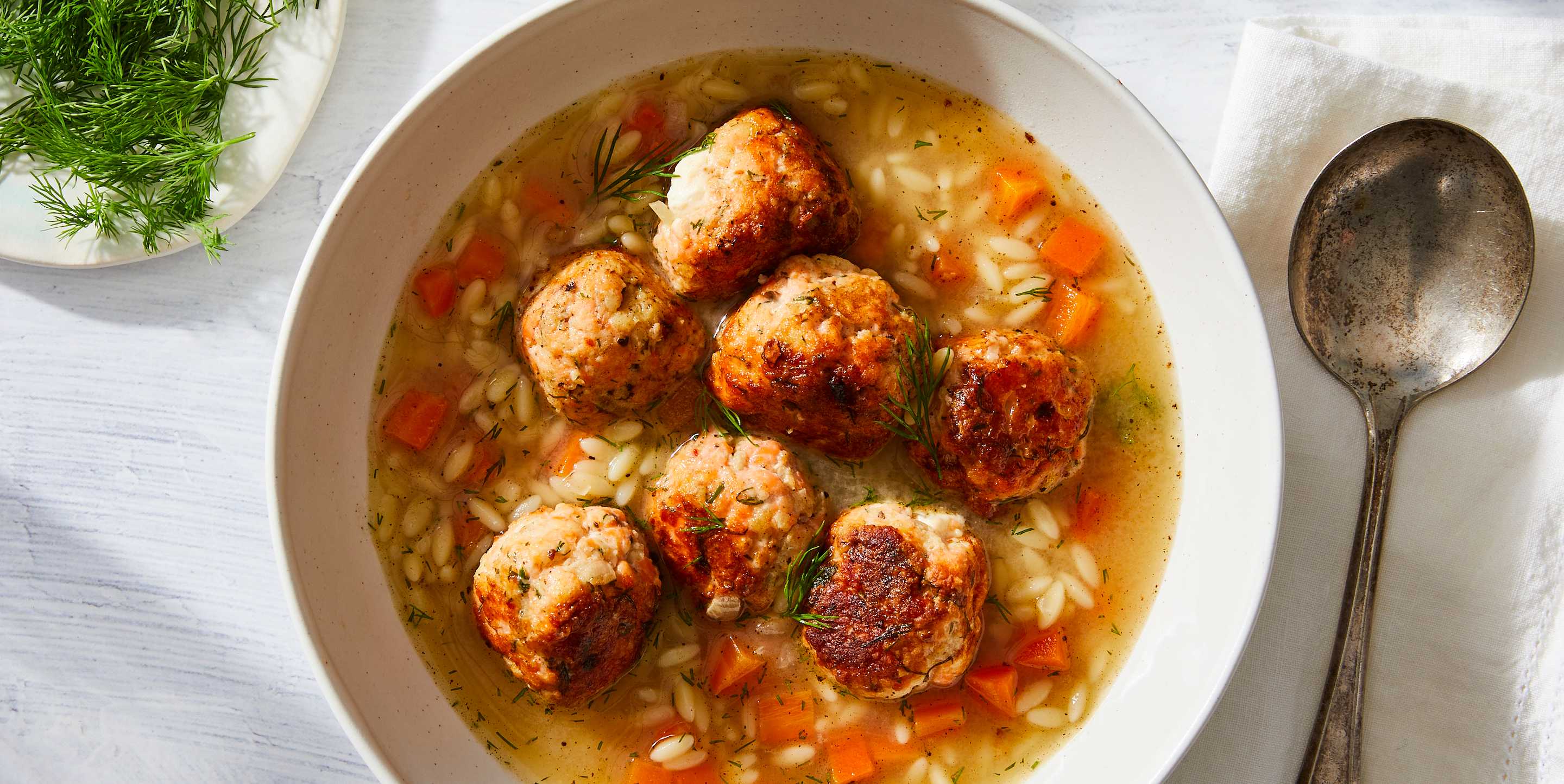 Lemony Orzo Soup with Seafood Meatballs