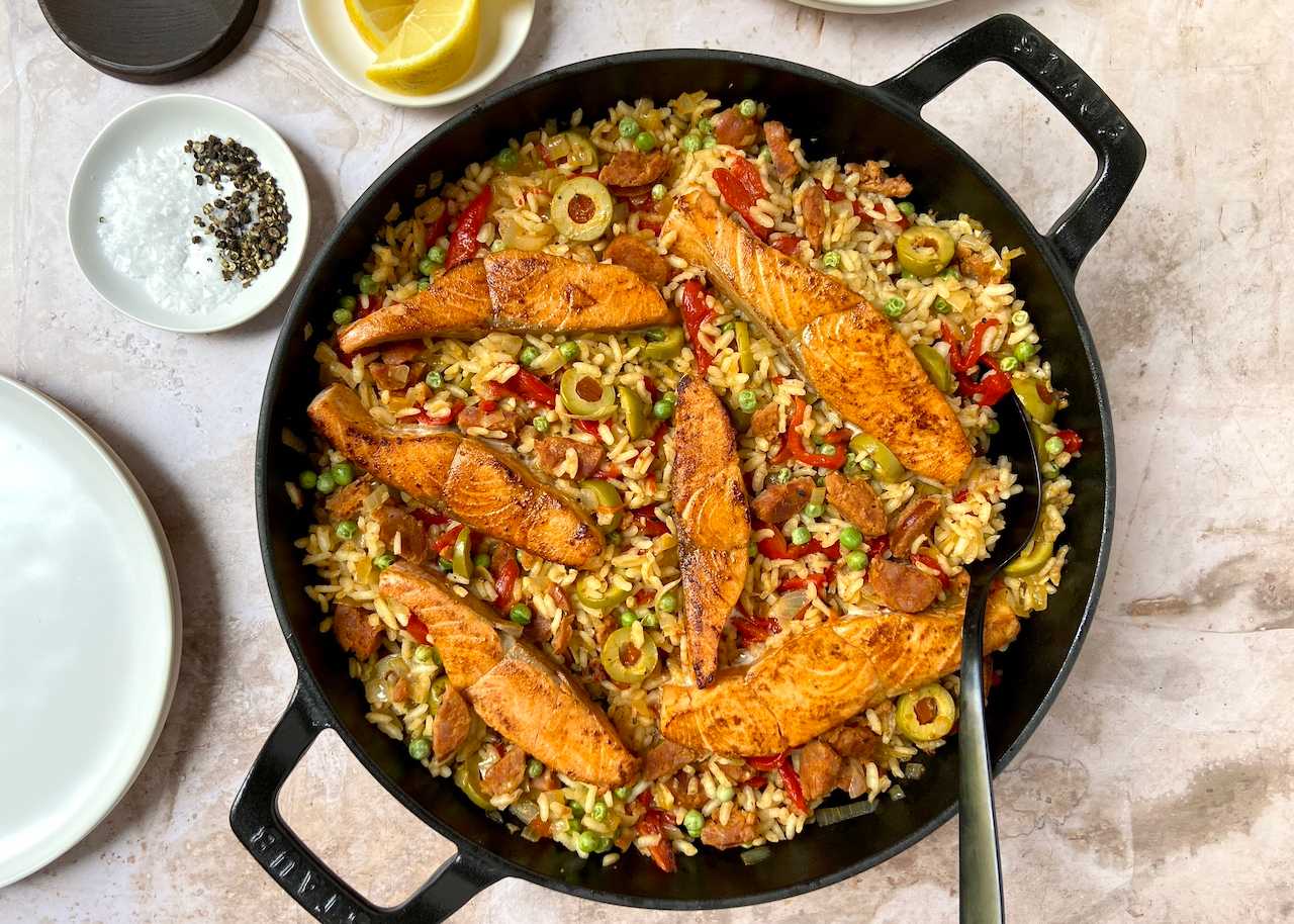 Salmon and Chorizo Paella