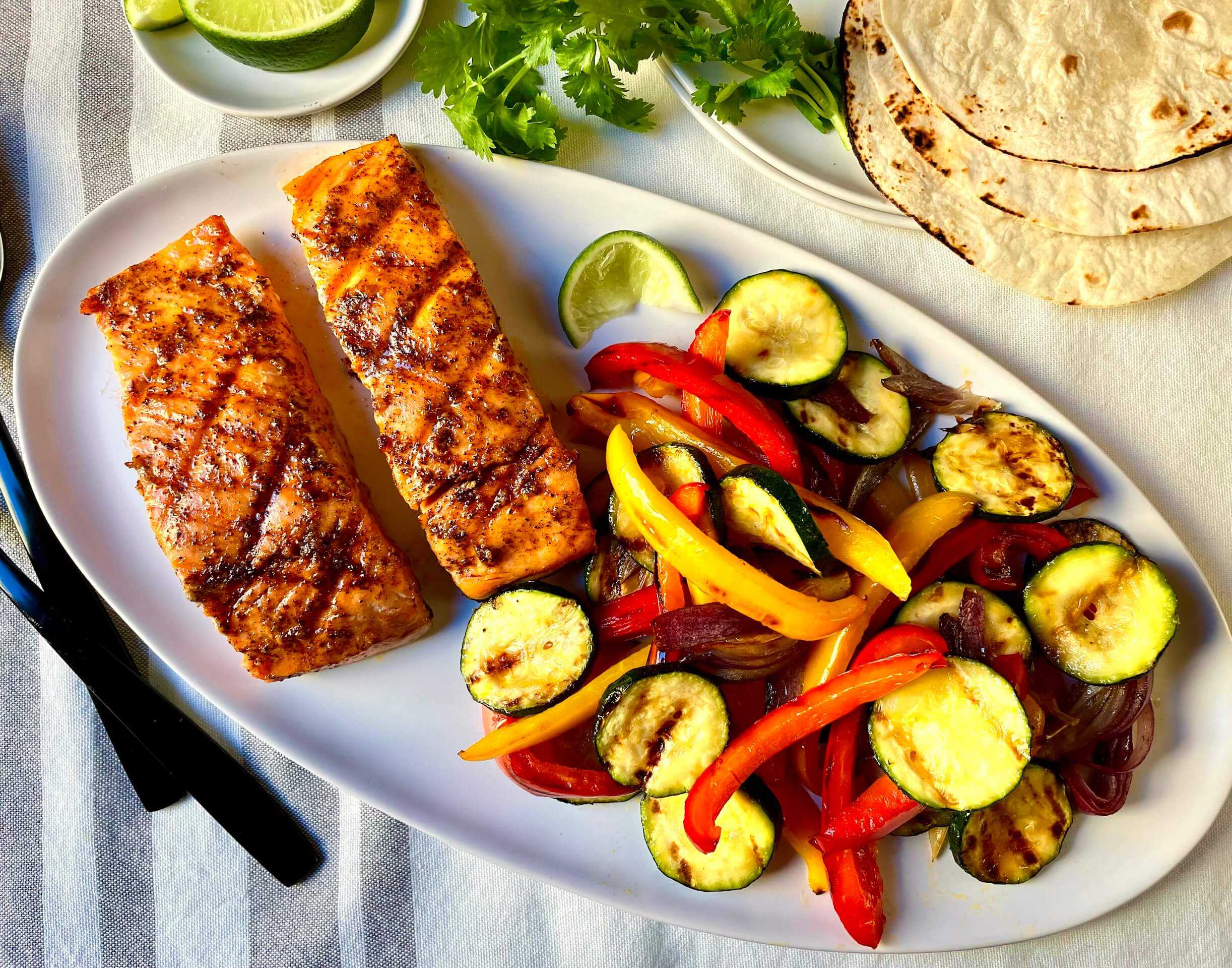 Chipotle Butter Grilled Salmon Fajitas recipe by Grace Parisi