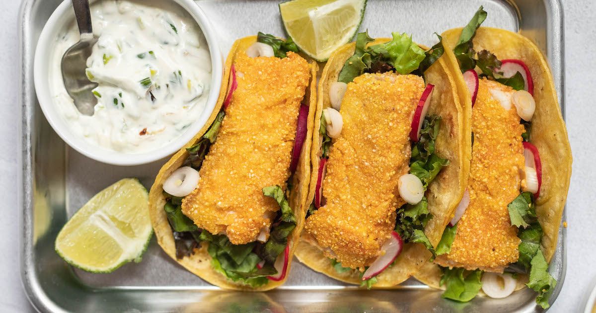 Crusted Halibut Tacos with Charred Scallion Crema and “Pickled” Onions